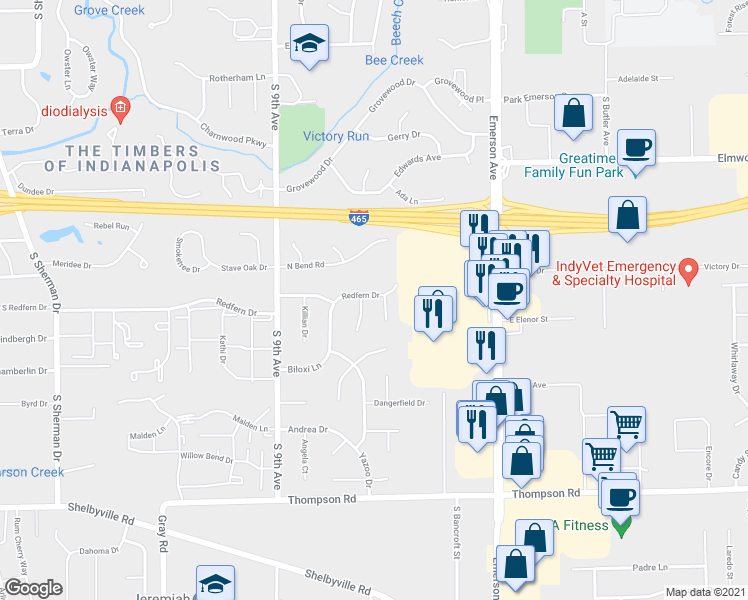 map of restaurants, bars, coffee shops, grocery stores, and more near 507 Redfern Drive in Beech Grove