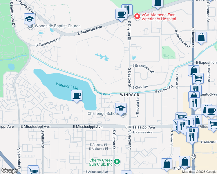 map of restaurants, bars, coffee shops, grocery stores, and more near 735 South Alton Way in Denver