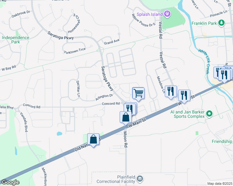 map of restaurants, bars, coffee shops, grocery stores, and more near Saratoga Parkway in Plainfield
