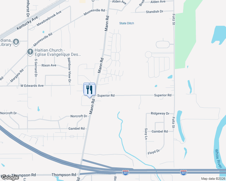 map of restaurants, bars, coffee shops, grocery stores, and more near 4380 Superior Road in Indianapolis