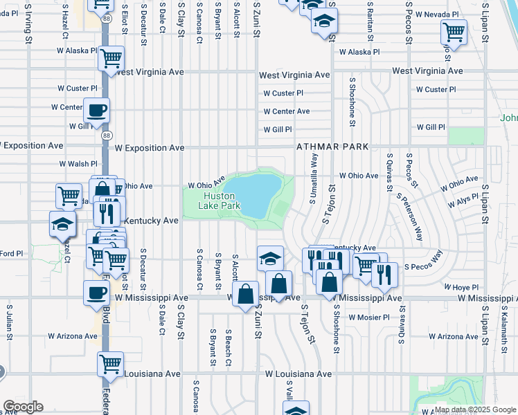map of restaurants, bars, coffee shops, grocery stores, and more near 850 South Bryant Street in Denver