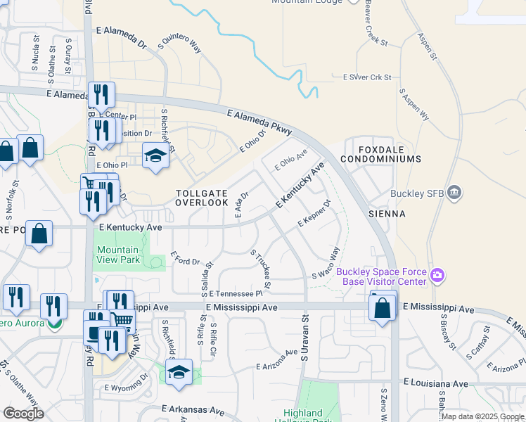 map of restaurants, bars, coffee shops, grocery stores, and more near 841 South Uravan Court in Aurora