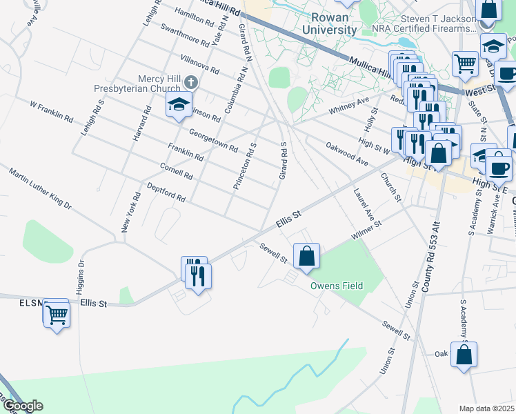 map of restaurants, bars, coffee shops, grocery stores, and more near 2 Cornell Road in Glassboro
