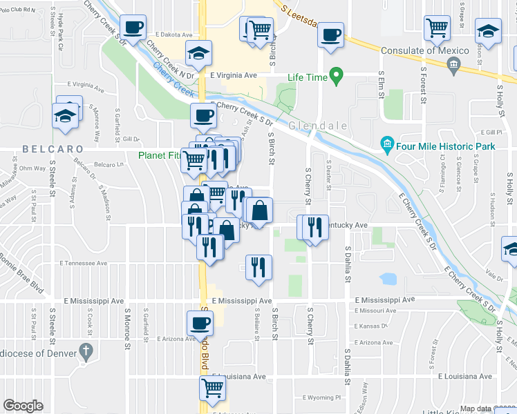 map of restaurants, bars, coffee shops, grocery stores, and more near 860 South Colorado Boulevard in Glendale