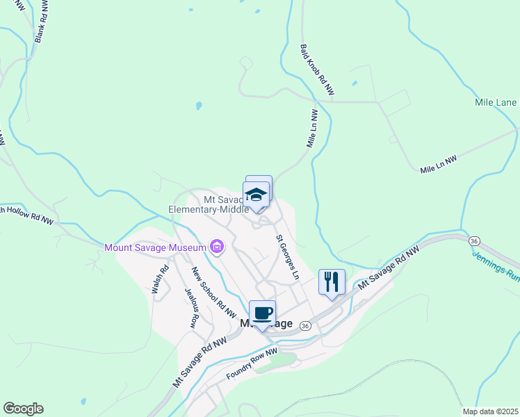 map of restaurants, bars, coffee shops, grocery stores, and more near 13201 New School Road Northwest in Mount Savage