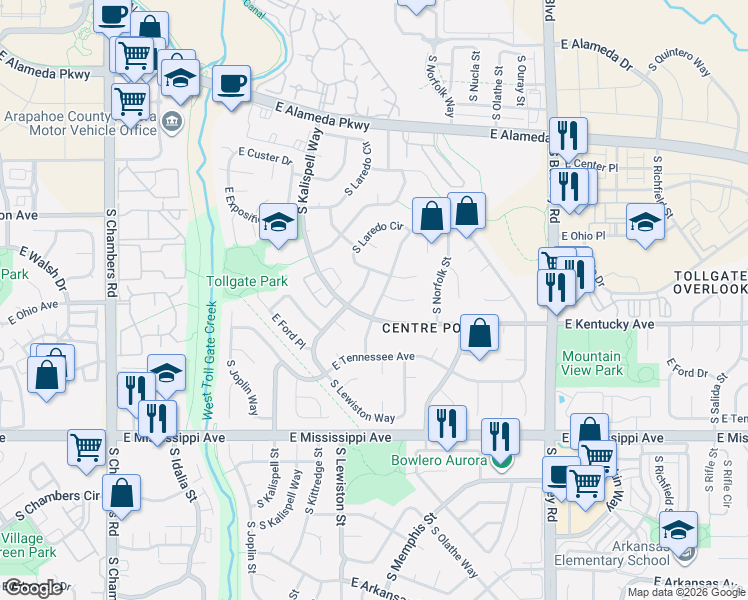map of restaurants, bars, coffee shops, grocery stores, and more near 903 South Memphis Way in Aurora