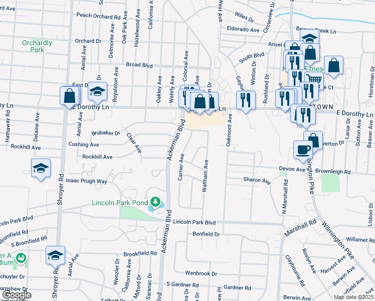 map of restaurants, bars, coffee shops, grocery stores, and more near 3204 Carrier Avenue in Dayton