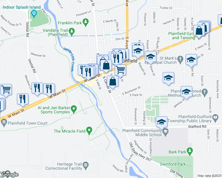 map of restaurants, bars, coffee shops, grocery stores, and more near 223 South Center Street in Plainfield