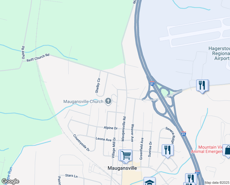 map of restaurants, bars, coffee shops, grocery stores, and more near 14036 Village Mill Drive in Maugansville