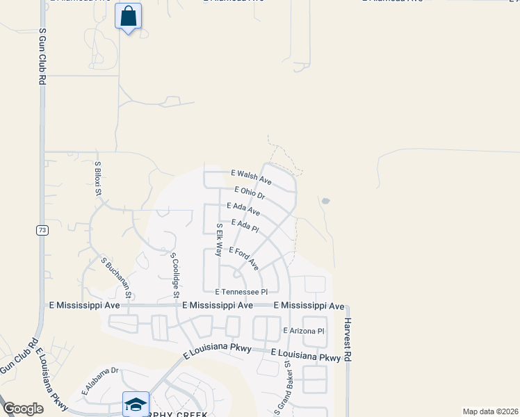 map of restaurants, bars, coffee shops, grocery stores, and more near 24405 East Ada Place in Aurora