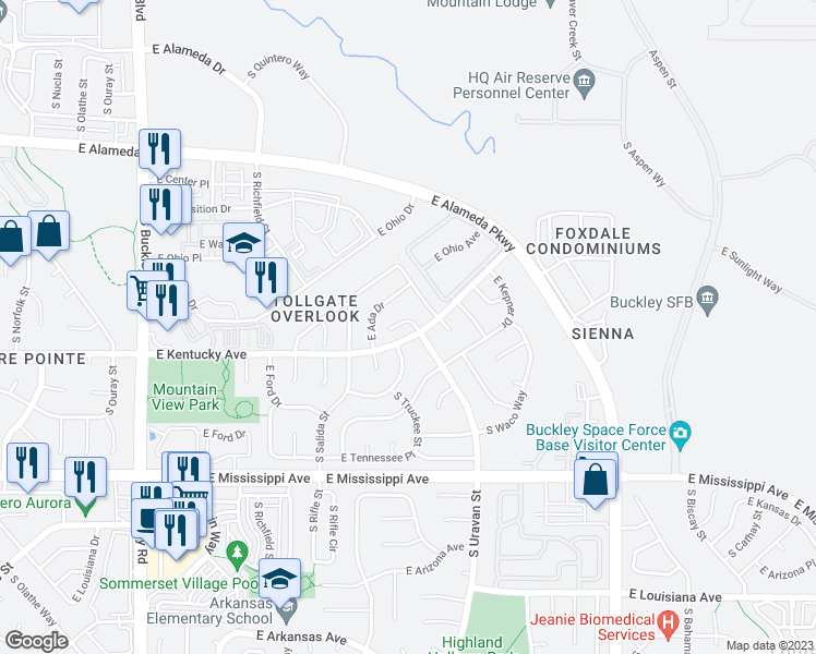 map of restaurants, bars, coffee shops, grocery stores, and more near 841 South Uravan Court in Aurora