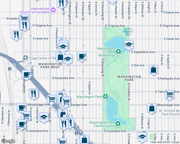 map of restaurants, bars, coffee shops, grocery stores, and more near 885 South Ogden Street in Denver