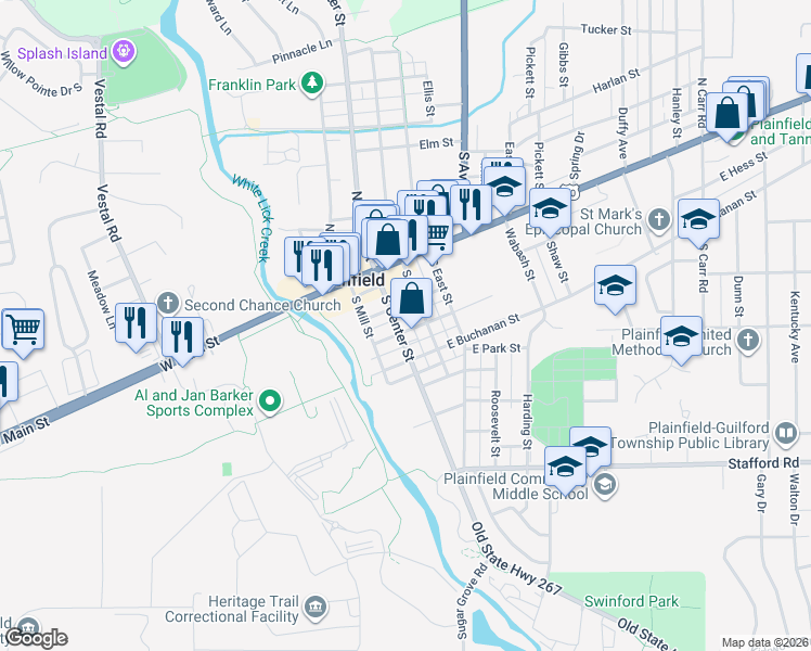 map of restaurants, bars, coffee shops, grocery stores, and more near 319 South Center Street in Plainfield