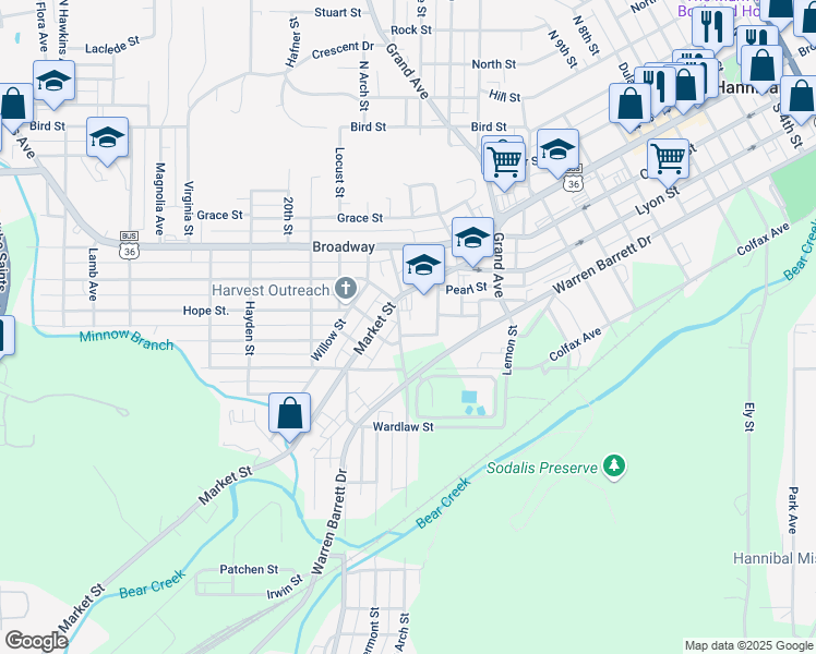 map of restaurants, bars, coffee shops, grocery stores, and more near 1605 Turn Street in Hannibal