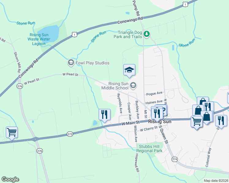 map of restaurants, bars, coffee shops, grocery stores, and more near 404 West Pearl Street in Rising Sun