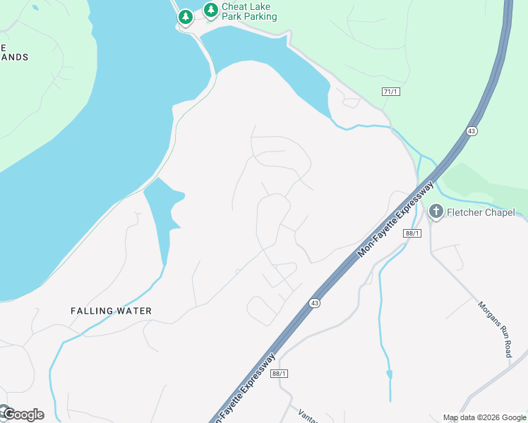 map of restaurants, bars, coffee shops, grocery stores, and more near 89 Falling Water Lane in Morgantown