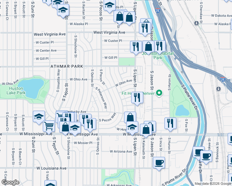 map of restaurants, bars, coffee shops, grocery stores, and more near 860 South Pecos Street in Denver