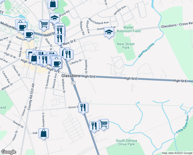 map of restaurants, bars, coffee shops, grocery stores, and more near 230 High Street East in Glassboro