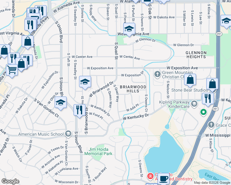 map of restaurants, bars, coffee shops, grocery stores, and more near 904 South Queen Way in Lakewood