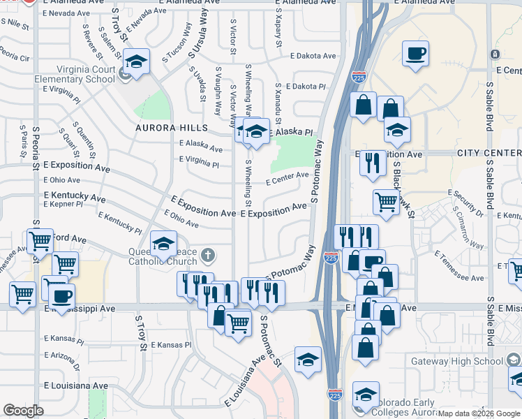 map of restaurants, bars, coffee shops, grocery stores, and more near 729 South Worchester Street in Aurora