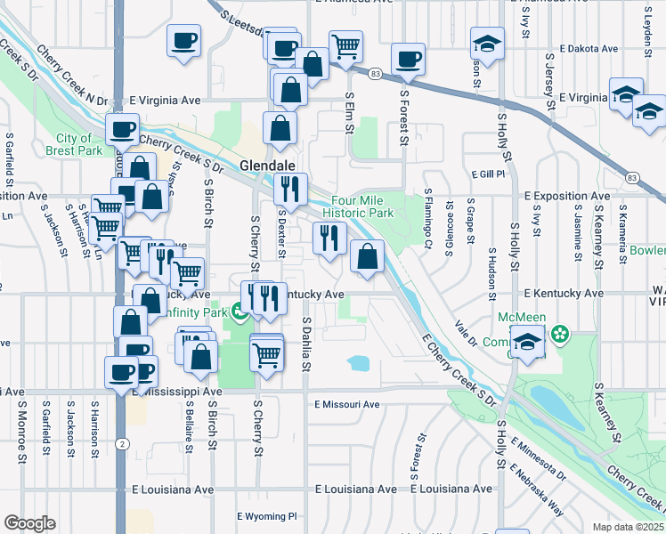 map of restaurants, bars, coffee shops, grocery stores, and more near 4805 East Kentucky Avenue in Denver