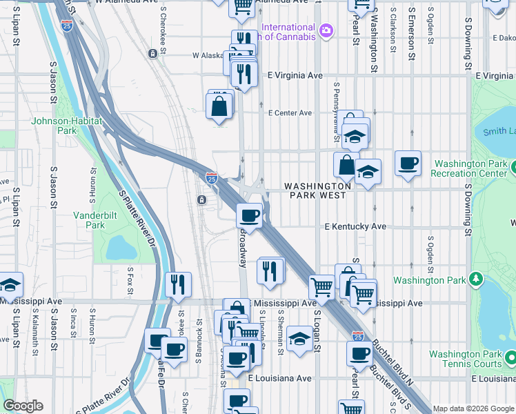 map of restaurants, bars, coffee shops, grocery stores, and more near 888 South Broadway in Denver