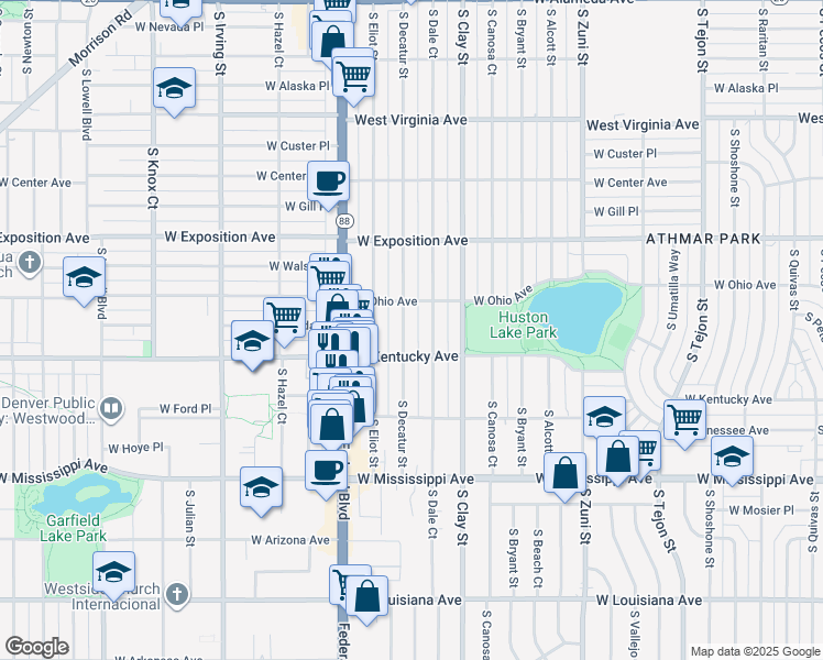 map of restaurants, bars, coffee shops, grocery stores, and more near 898 South Decatur Street in Denver
