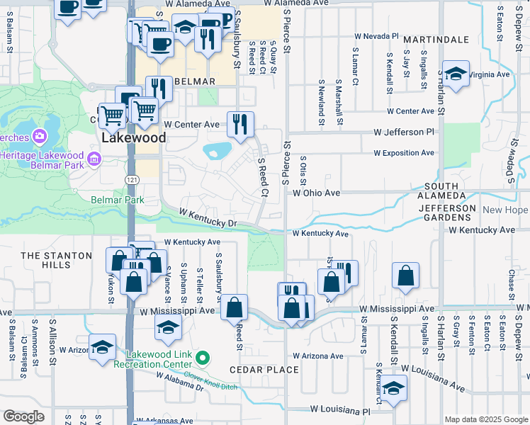 map of restaurants, bars, coffee shops, grocery stores, and more near 888 South Reed Court in Lakewood