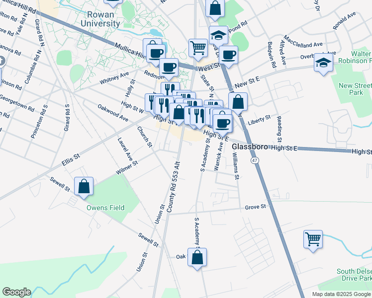 map of restaurants, bars, coffee shops, grocery stores, and more near 110 South Main Street in Glassboro