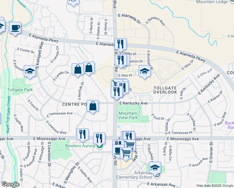 map of restaurants, bars, coffee shops, grocery stores, and more near in Aurora