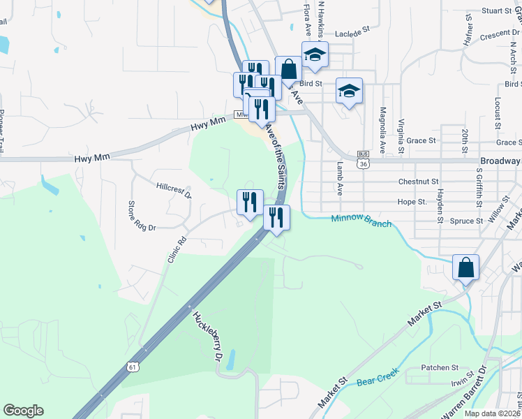 map of restaurants, bars, coffee shops, grocery stores, and more near 301-345 Clinic Road in Hannibal