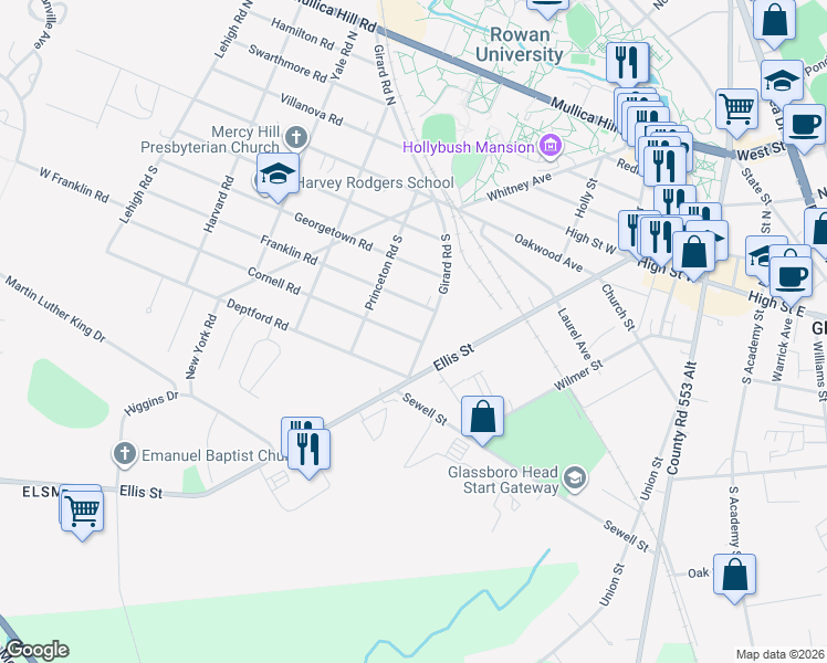 map of restaurants, bars, coffee shops, grocery stores, and more near 6 Franklin Road in Glassboro