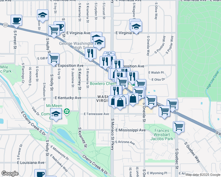 map of restaurants, bars, coffee shops, grocery stores, and more near 801 South Monaco Parkway in Denver