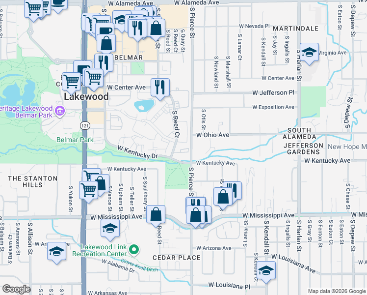 map of restaurants, bars, coffee shops, grocery stores, and more near 864 South Reed Court in Lakewood