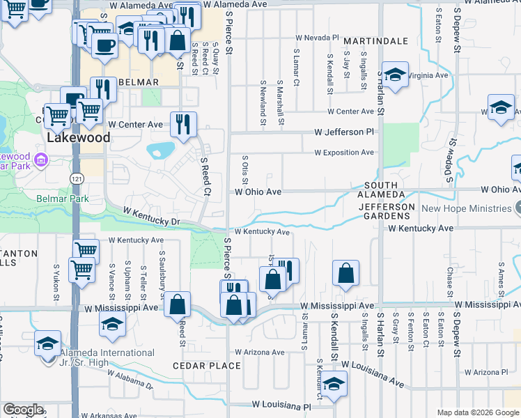 map of restaurants, bars, coffee shops, grocery stores, and more near 6550 West Ohio Avenue in Lakewood