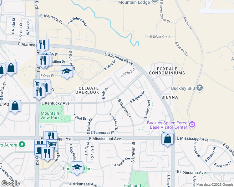 map of restaurants, bars, coffee shops, grocery stores, and more near in Aurora
