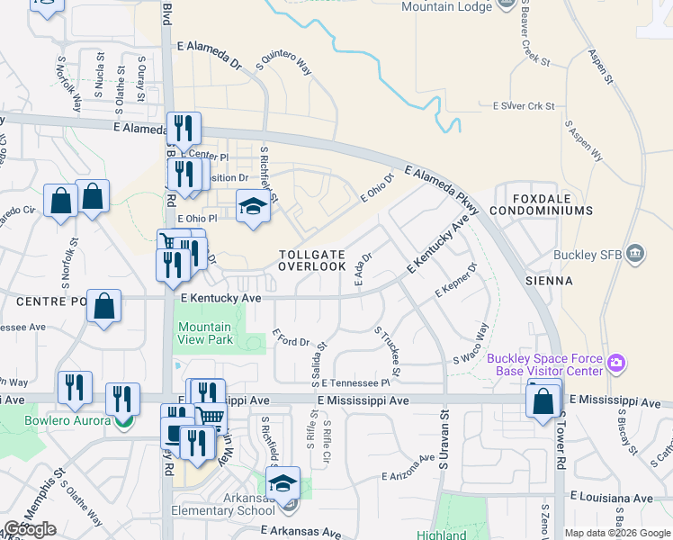 map of restaurants, bars, coffee shops, grocery stores, and more near 17614 East Ohio Circle in Aurora