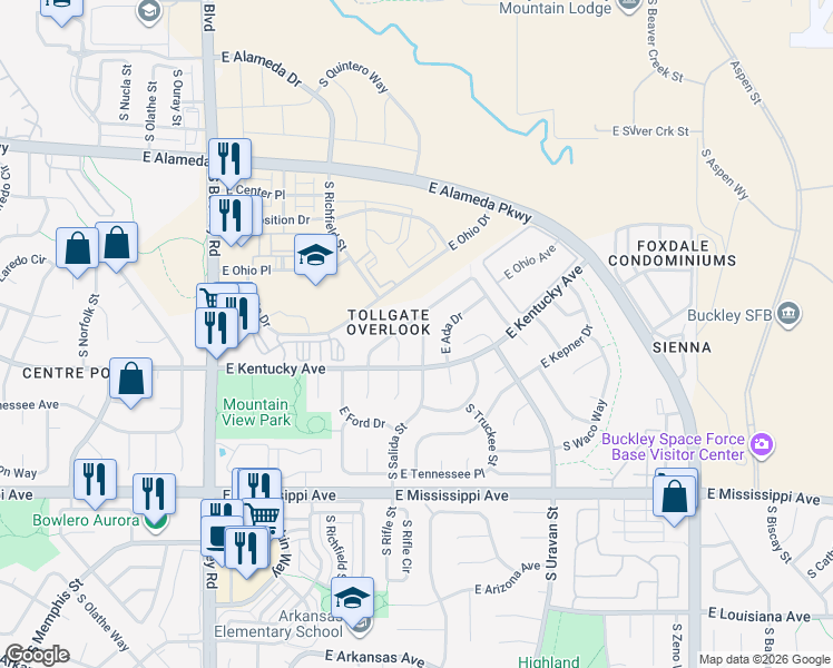 map of restaurants, bars, coffee shops, grocery stores, and more near 17614 East Ohio Circle in Aurora