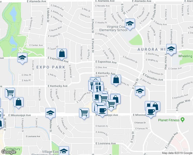 map of restaurants, bars, coffee shops, grocery stores, and more near 12103 East Kentucky Avenue in Aurora