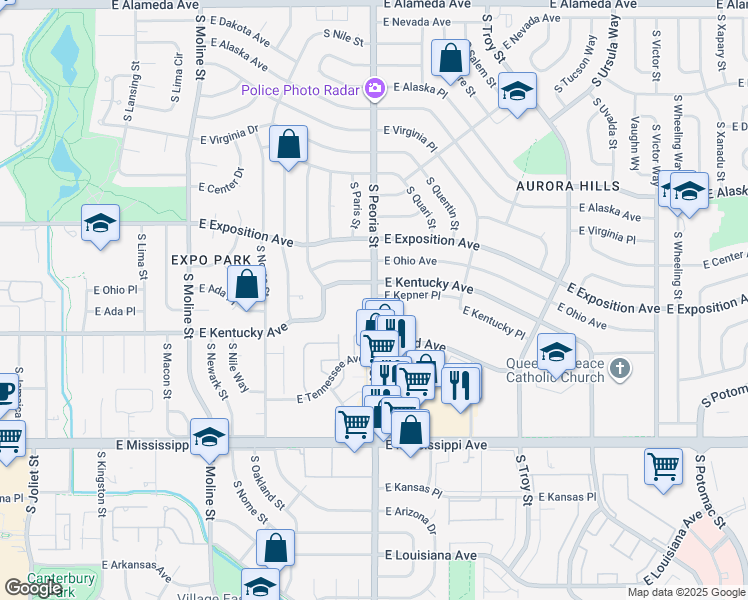 map of restaurants, bars, coffee shops, grocery stores, and more near 12103 East Kentucky Avenue in Aurora