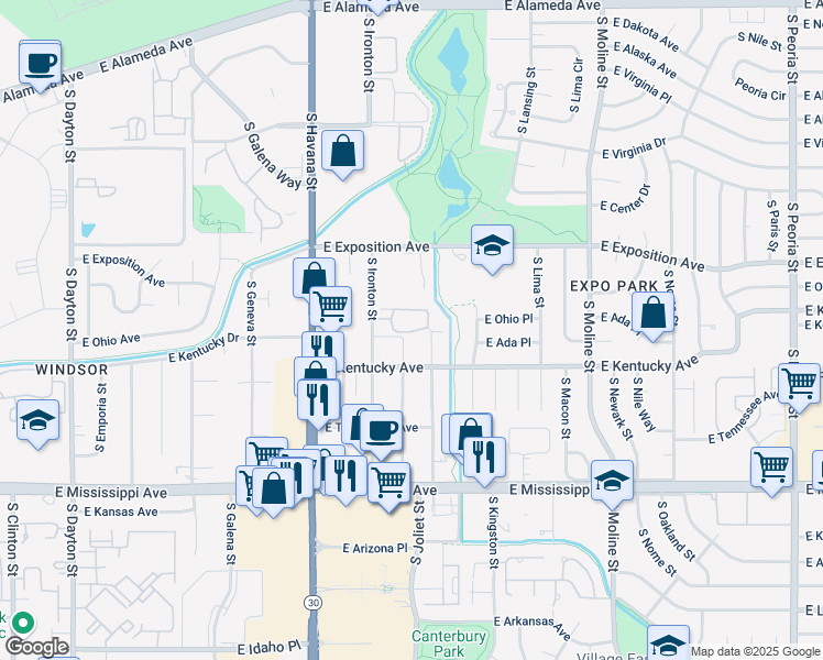 map of restaurants, bars, coffee shops, grocery stores, and more near 840 South Ironton Street in Aurora