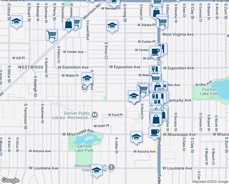 map of restaurants, bars, coffee shops, grocery stores, and more near 3414 West Ohio Avenue in Denver