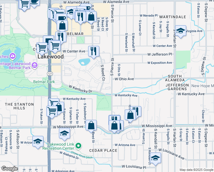 map of restaurants, bars, coffee shops, grocery stores, and more near 866 South Reed Court in Lakewood
