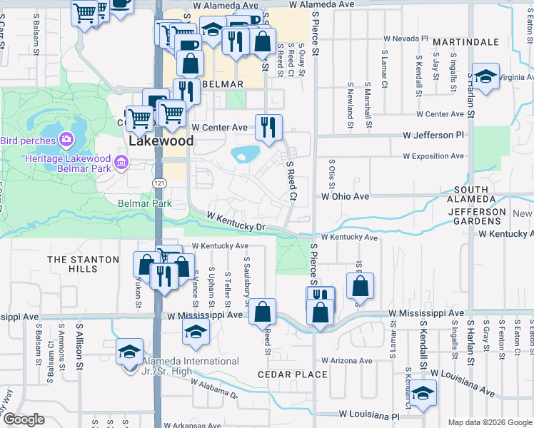 map of restaurants, bars, coffee shops, grocery stores, and more near 7247 West Kentucky Drive in Lakewood