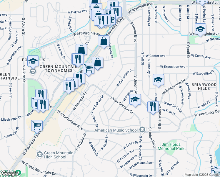 map of restaurants, bars, coffee shops, grocery stores, and more near 12201 West Dakota Drive in Lakewood