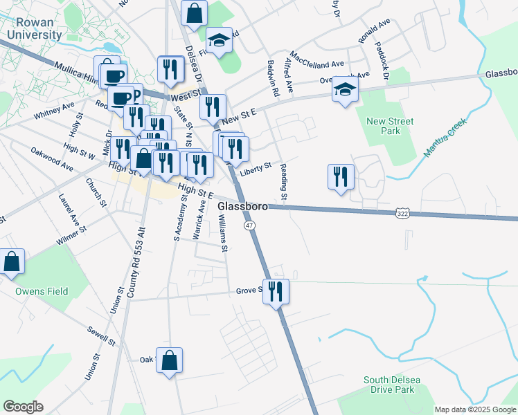 map of restaurants, bars, coffee shops, grocery stores, and more near 207 High Street East in Glassboro