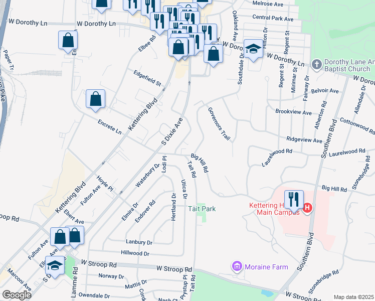 map of restaurants, bars, coffee shops, grocery stores, and more near 3400 Office Park Drive in Dayton