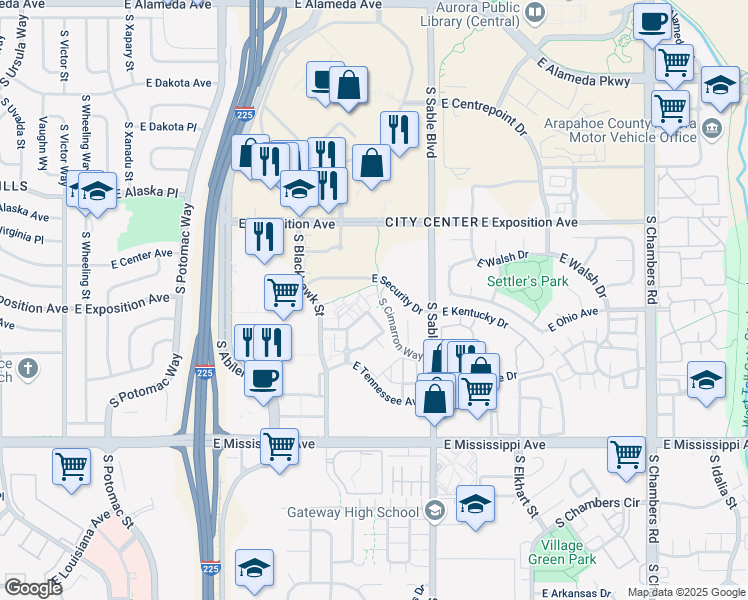 map of restaurants, bars, coffee shops, grocery stores, and more near 14304 East Kentucky Place in Aurora