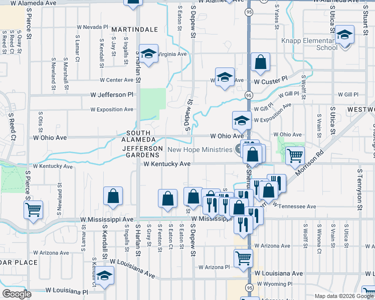map of restaurants, bars, coffee shops, grocery stores, and more near 5540 West Ohio Avenue in Lakewood