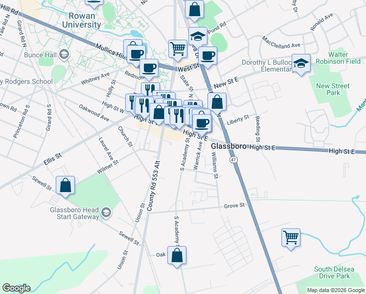 map of restaurants, bars, coffee shops, grocery stores, and more near 10 North Main Street in Glassboro